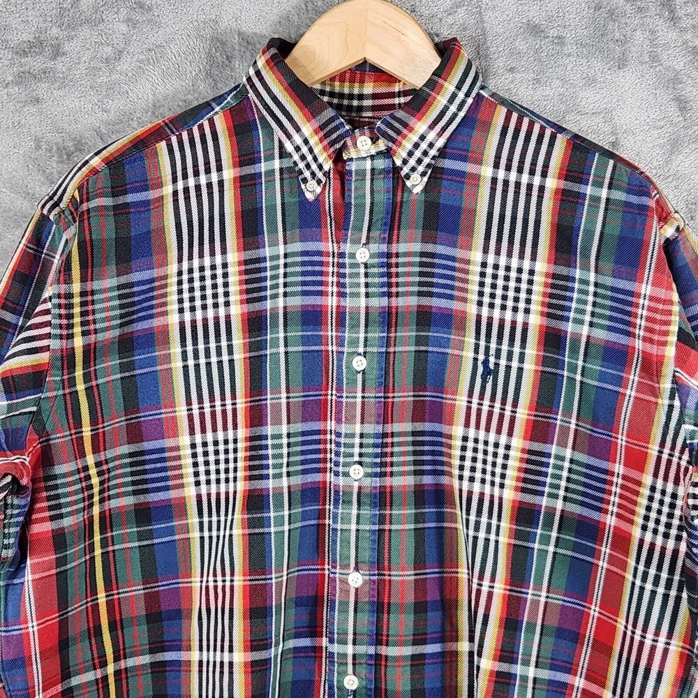 Ralph Lauren Shirt Large Vintage 1990s Denim Tartan Plaid Button Up - Picture 2 of 10